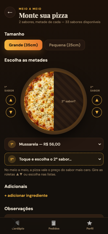 Montador de pizza meio a meio no app do cliente
