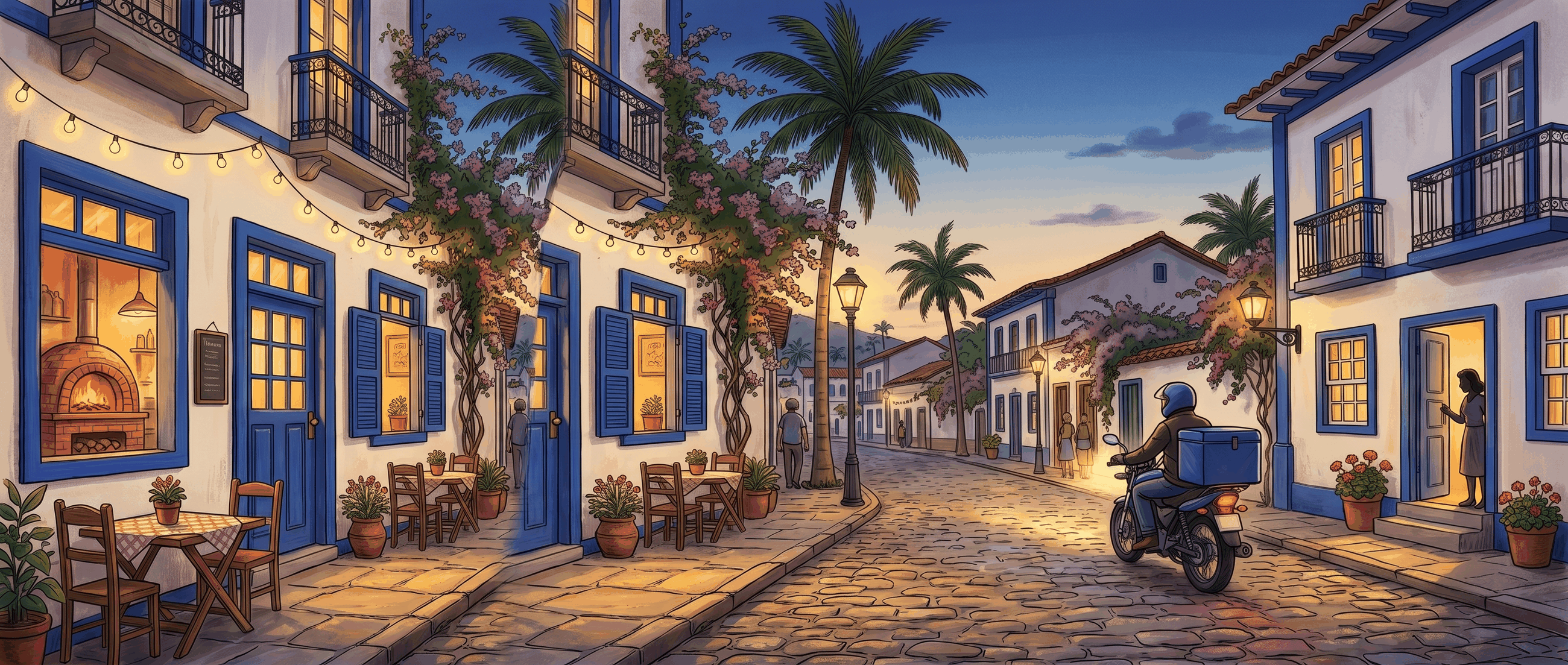 Rua de Paraty ao entardecer: a pizzaria de um lado, a porta do cliente do outro, o motoboy no caminho