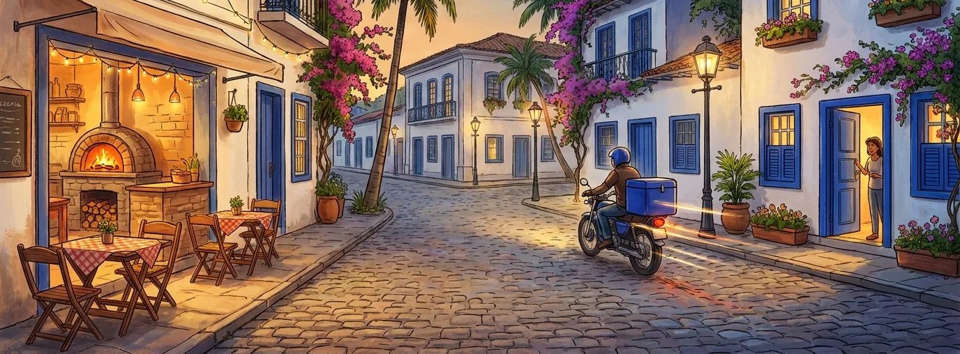 A rua da pizzaria à noite, com as mesas na calçada e o motoboy saindo