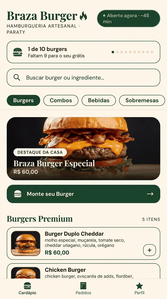 O mesmo app com outra marca: hamburgueria em tema claro e verde